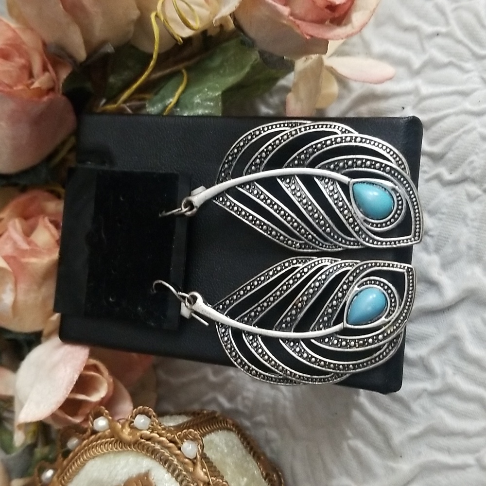Boho Southwestern Feather Earrings, Faux Turquoise  NEW